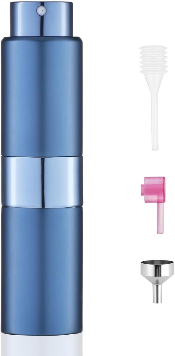 Parfum Verstuiver 20ml Navulbaar, Aluminium Reis Parfumflesje met Navulaccessoires, Draagbare Parfum Spray Bottle voor Tas, Vakantie, Cologne en Aftershave, Blauw