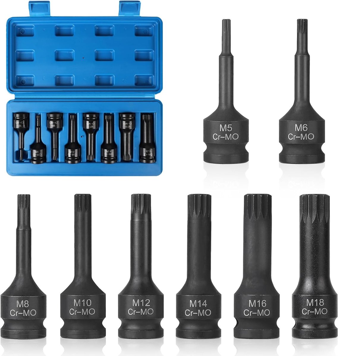 8-delig. Binnenveeltand moerset 1/2", M5, M6, M8, M10, M12, M14, M16, M18, XZN kracht steeksleutel lang set met doos, veeltand moer slagschroevendraaier set