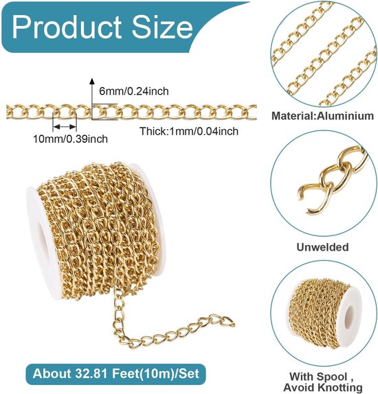 10 Meter Aluminium Curb Kettingen Gouden Twisted Extender Kettingen Ongelaste Extender Link Kettingen met Spoel voor DIY Ketting Sieraden Maken — afbeelding 5