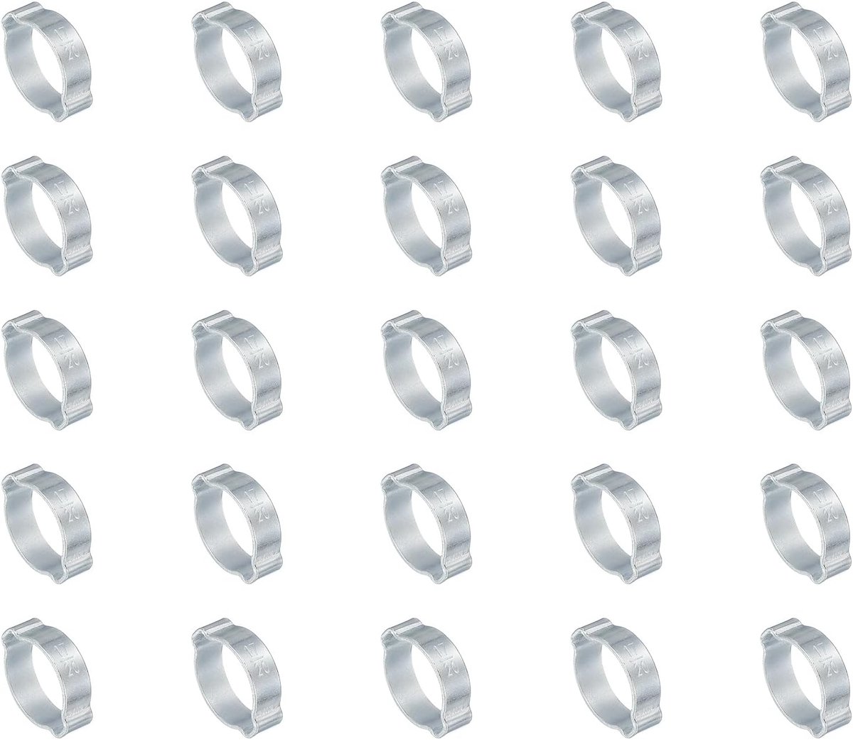 Set van 25 stuks 17-20 mm dubbele oorslangklem, gegalvaniseerde stalen O-clip krimpringen voor brandstof benzine buis buismontageverbindingen, zilverkleur