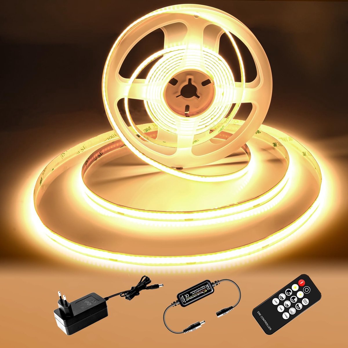 LED Strip, 24V dimbare LED-tape, CRI92, 8 mm breed, met afstandsbediening en voeding, voor huisdecoratie, keuken, spiegels, 5 meter, warmwitte, 3000K
