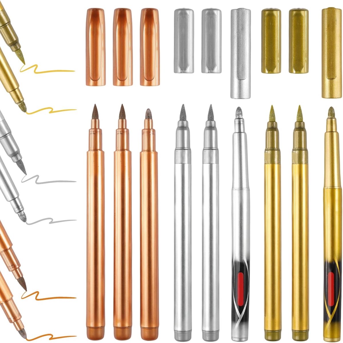 9 Stuks Goud Zilver Metallic Marker Pennen Set | Gouden Zilveren en Bronzen Glitterstiften,Gouden en Zilveren Stiften voor DIY-Fotoalbums,Kaarten Maken, Schilderen,Signeren