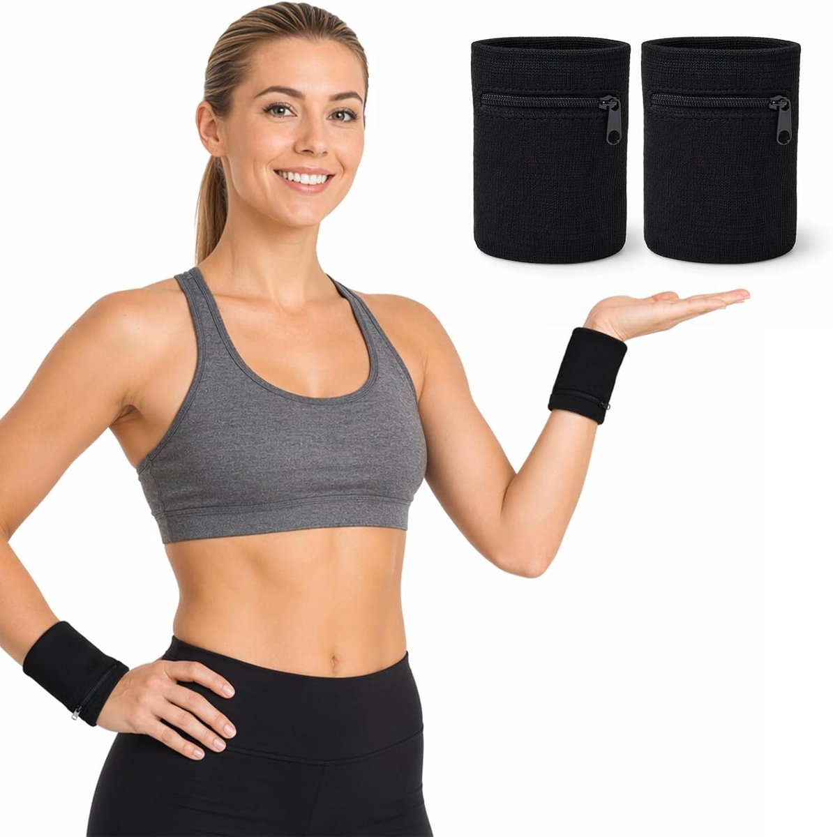 2 stuks zweetbanden met ritssluiting, sport-polstas van katoen, zweetband met ritsvak voor sleutels, hardlopen, fitness, tennis, basketbal (zwart)