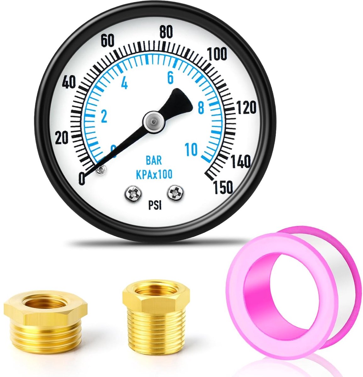 0-10 bar/0-150 psi drukmeters voor waterpompen, 2" wijzerplaat 1/4" BSP, met 2 stuks messing zeskantbussen 3/8" naar 1/4" en 1/2" naar 1/4", achterste montage water olie lucht