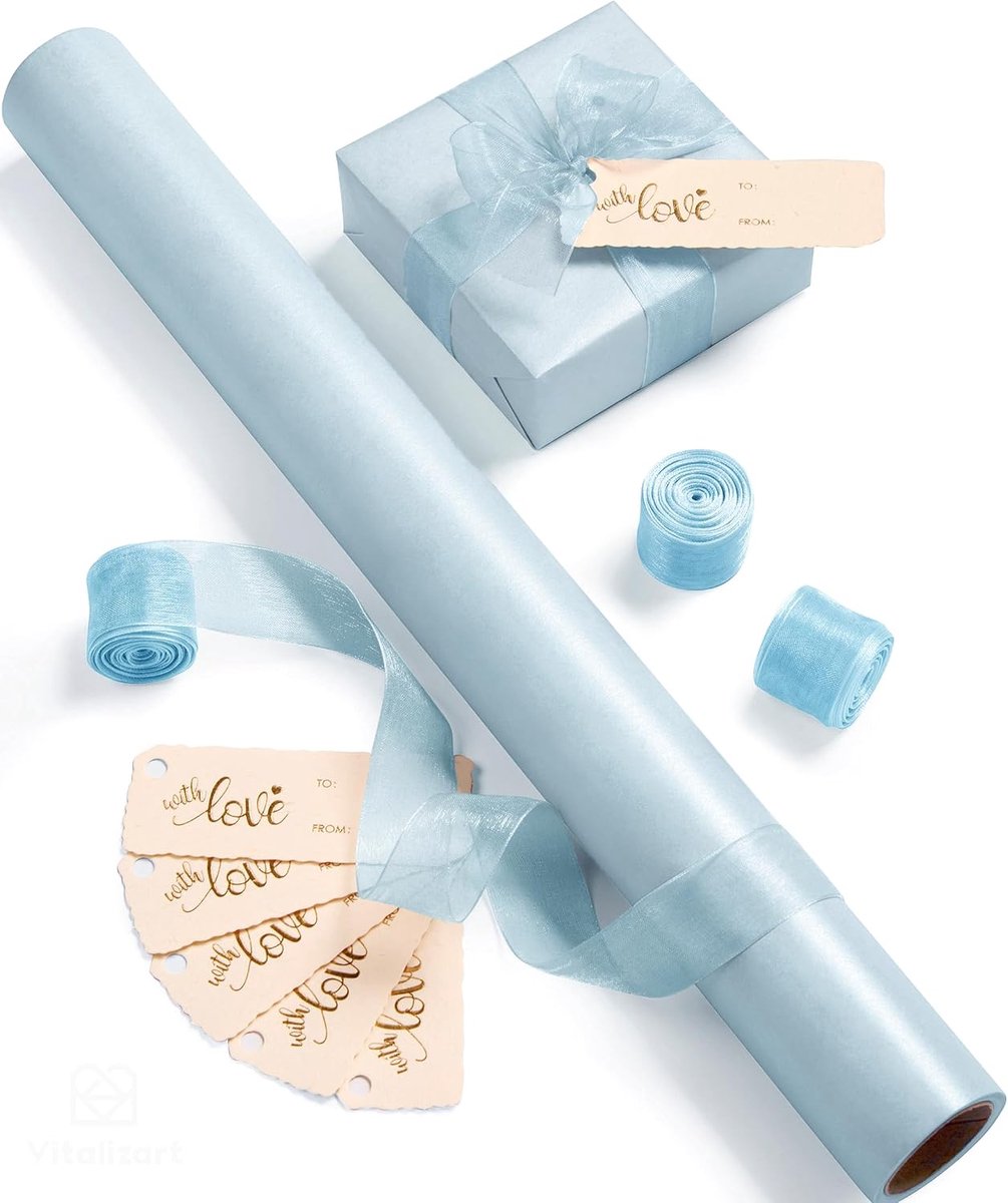 Cadeaupapier 43 cm x 5 m, Parelmoerpapier Cadeaupapier Rol & Organza Linten & Cadeaulabels Set voor Valentijnsdag, Bruiloft, Verjaardag, Kerstmis, Baby Shower