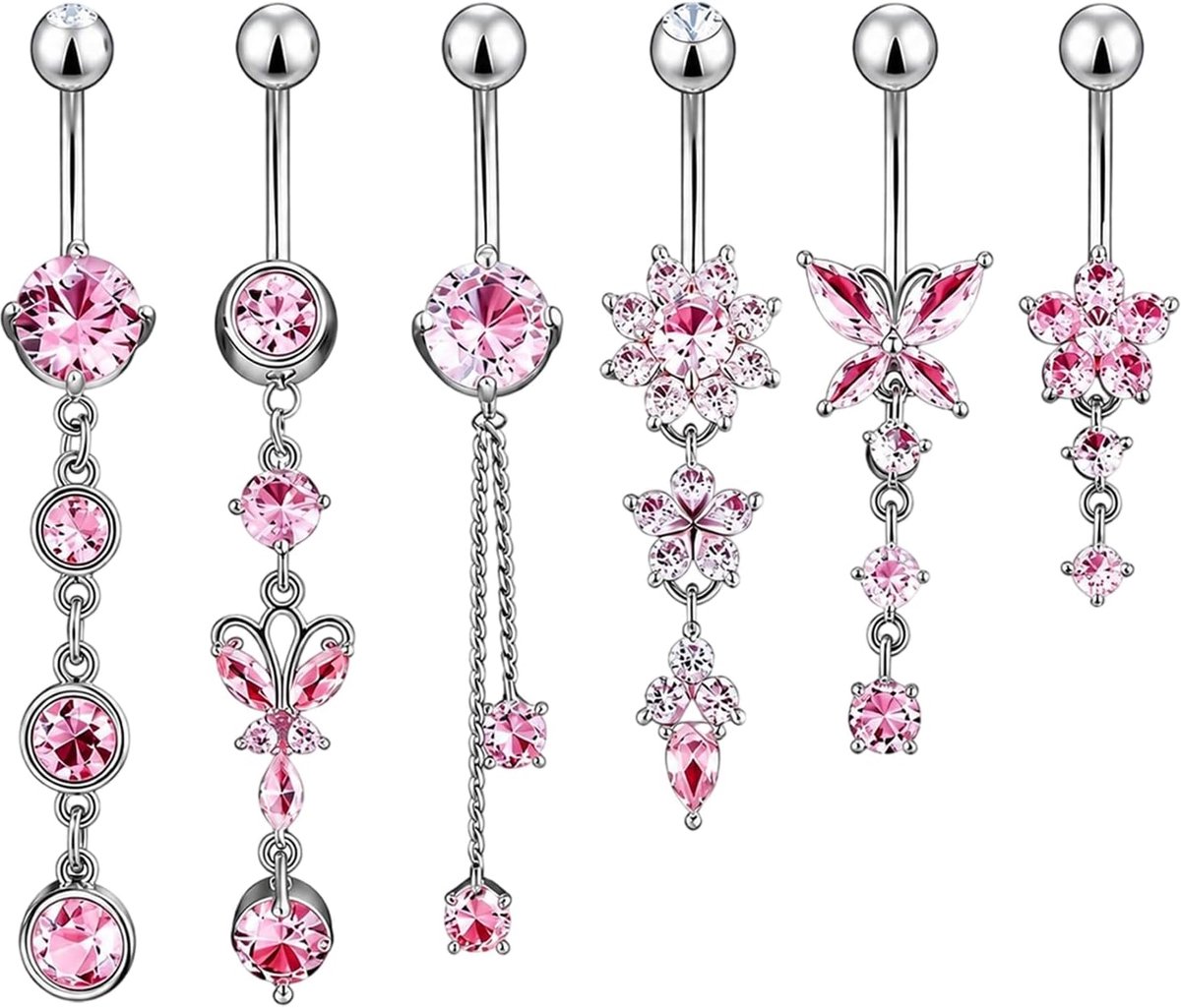 6 Stuks Roze Navelpiercings, Rvs Hangend, Waterbestendige Navelringen, Chirurgisch Stalen Piercingsieraden, Modieuze Buikringen