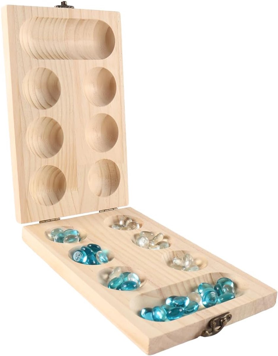 zalati Mancala bordspelset met houten opvouwbaar bord en gekleurde glazen kralen Klassiek Mancala strategiespel