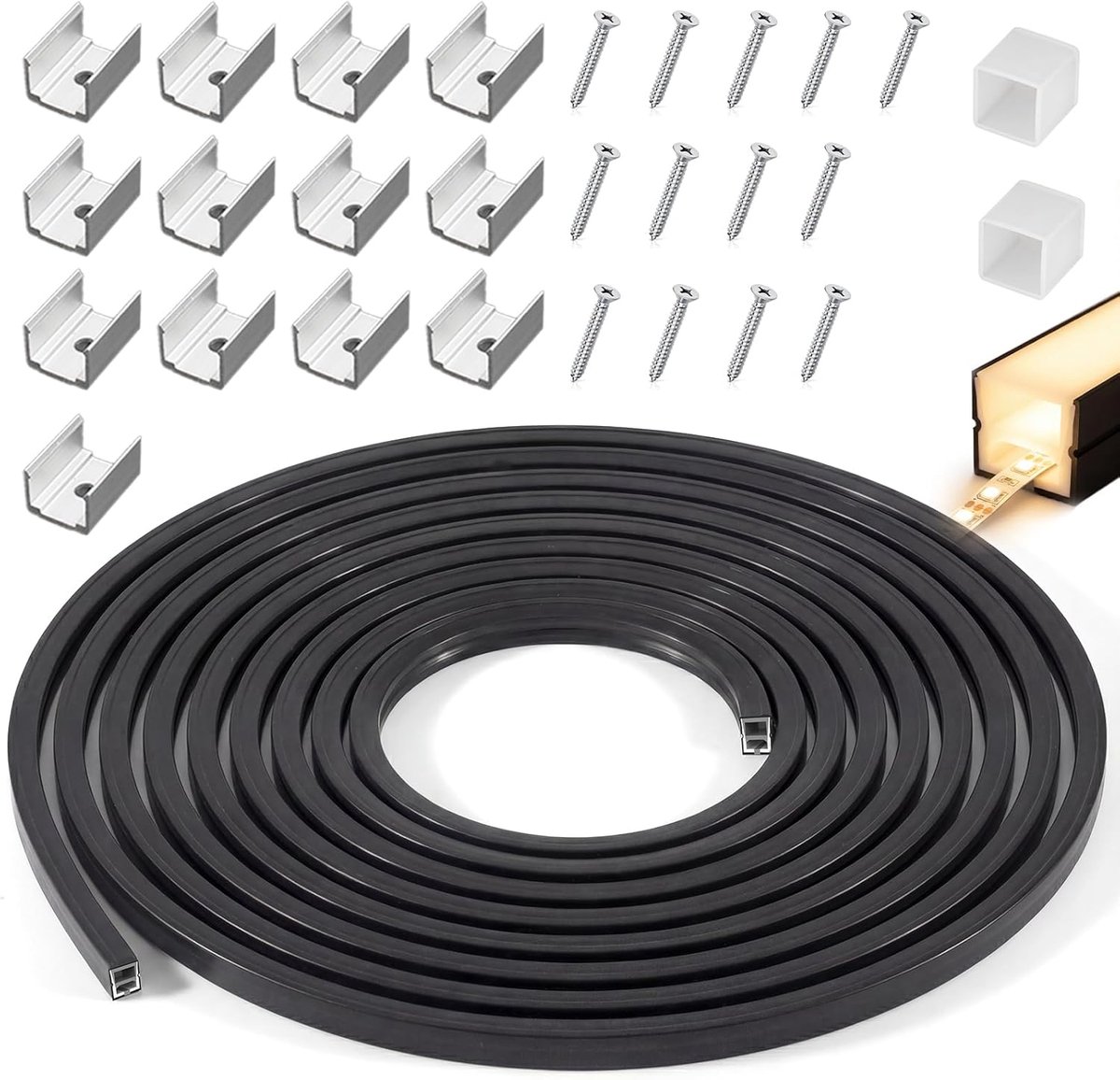 Siliconen Profiel Zwart 5M Flexibel Waterdicht IP67 Ledstrip Diffuserkanaal 12x12mm voor Akoestische Panelen Afdekking voor Homogene Neonlicht Kast Verlichting Rail (Zonder LED Strip)