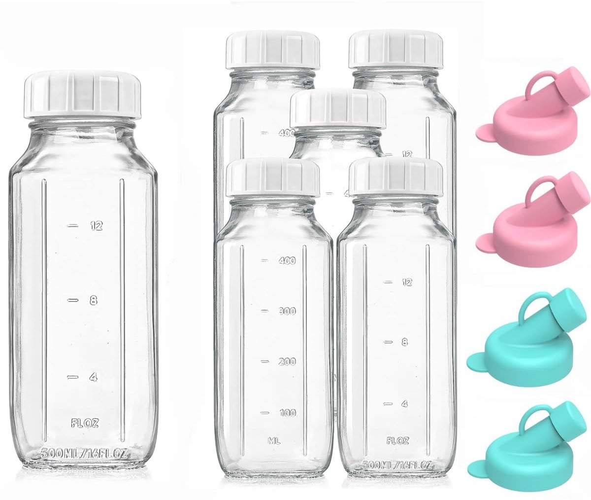 Omgoods - 6 Stuks Herbruikbare Glazen Melkfles 500ml met Deksel - Inclusief 4 Siliconen Spuiten