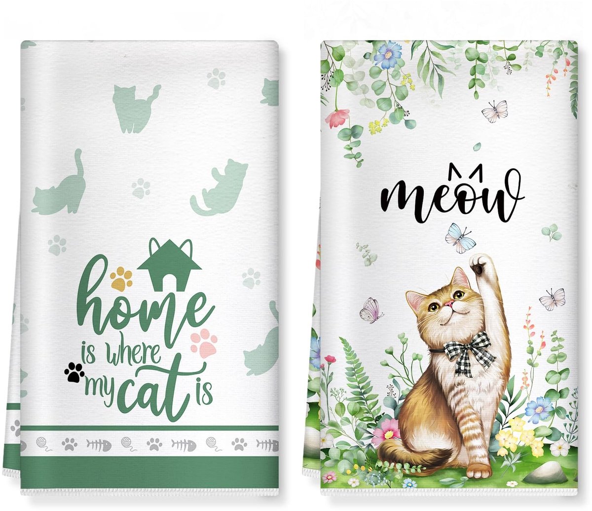 Omgoods - Schattige Kat Microvezel Keukenhanddoeken Set - 40 x 60 cm, Absorberend en Duurzaam