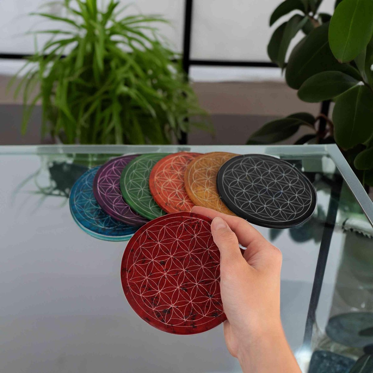 Omgoods - Chakra Coaster Set - 7 Delige Onderzetters van Zeepsteen met Levensbloem