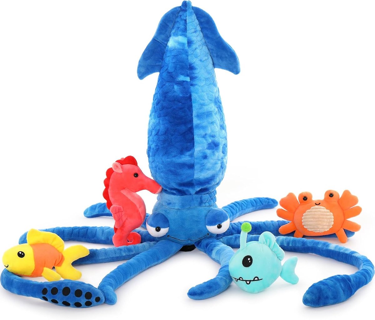 5-in-1 pluche inktvis, een grote inktvis met vier schattige kleine knuffels met zeedieren, een ideaal verrassingscadeau voor Pasen of verjaardag.
