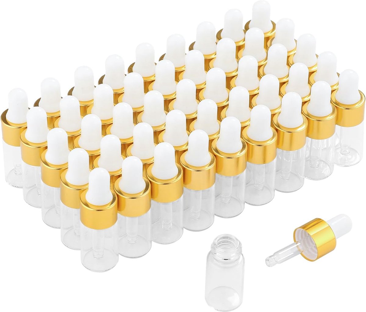 50 stuks mini-druppelflesjes lege glazen flesjes met gouden deksels, parfummonsters voor etherische oliën, lichaamsolie en vloeistoffen (3 ml)