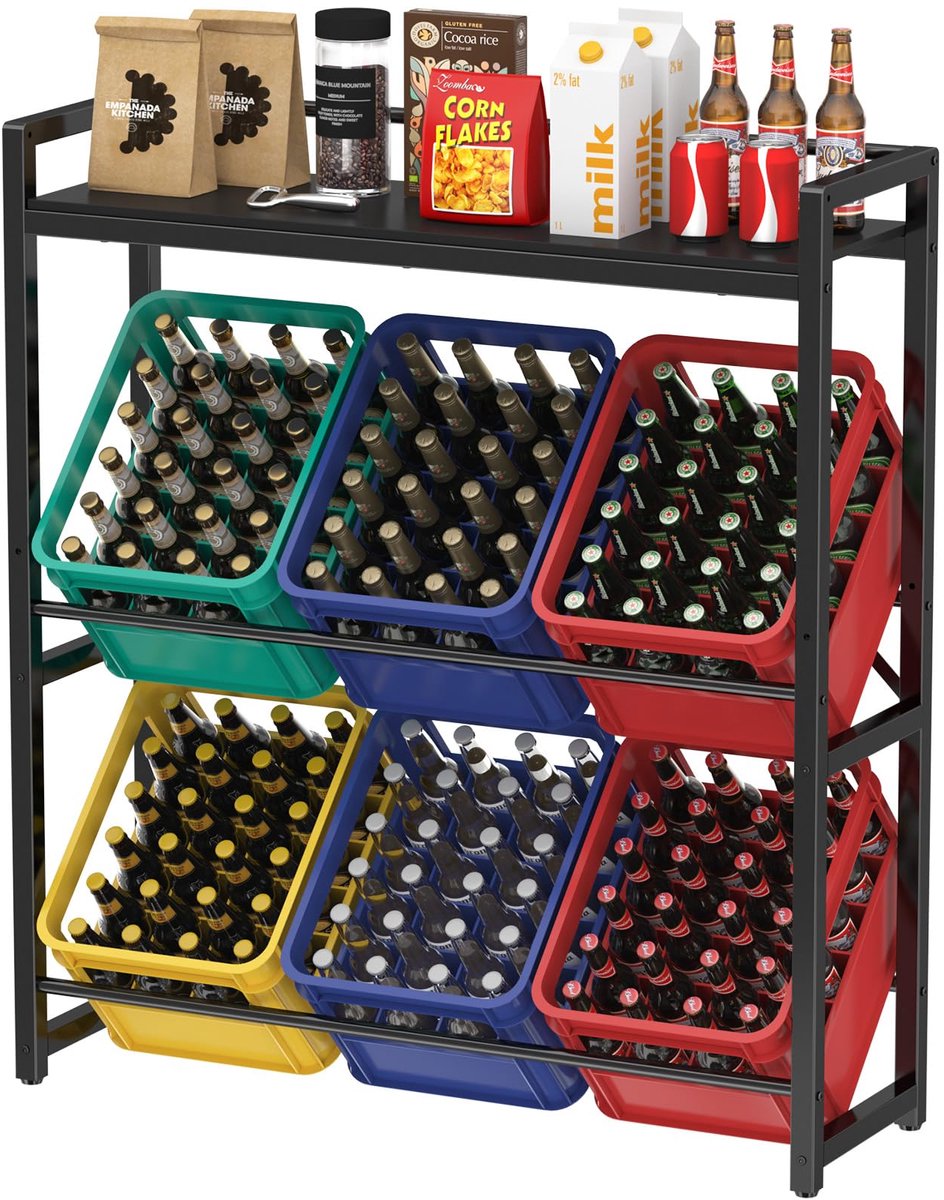 Krattenrek voor 6 Kratten - Vrijstaand Metalen Drankkrat Rek - Opbergrek voor Water-, Bier- en Groentekratten - Stevige Constructie voor Keuken, Garage en Berging - Zwart