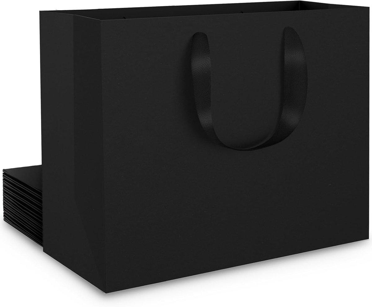 Zwarte cadeautas - 250 g/m² papieren zakken met handvat Groot - 10 stuks L 32 x 11,5 x 28 cm Kraftpapier Zwarte Gift Bags draagtas Boodschappentassen Papier