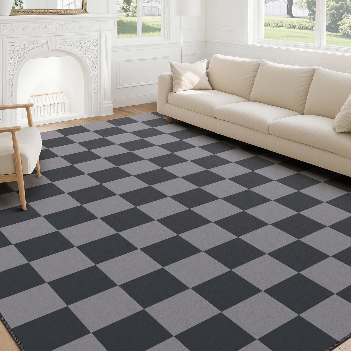 Omgoods - Tapijt 140×200 cm – Super Zacht – Wasbaar & Antislip – Ruitpatroon – Zwart-Grijs