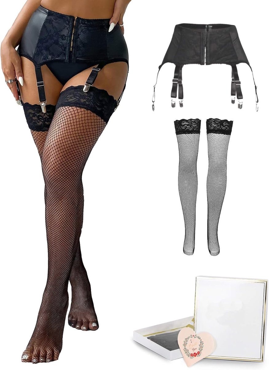 ohyeahlady Jarretelhouder set grote maat kousen en kousenhouder set Jarretelhouder kunstleer metalen clip onderkant net zelffixerende outfit chic hot