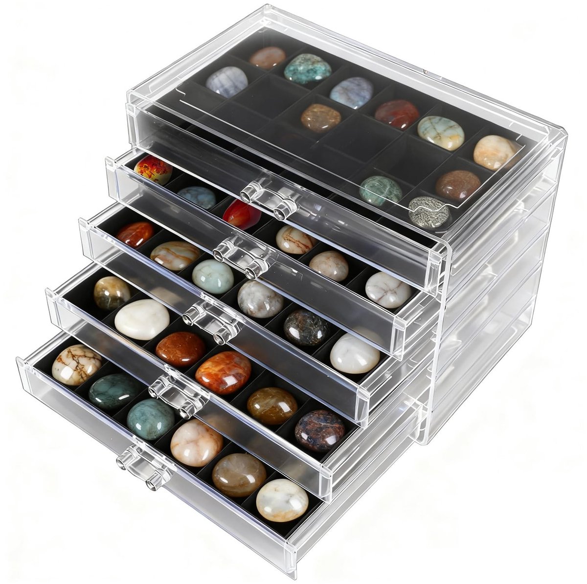 Omgoods- Sieradenorganizer stapelbaar - Sieradendoos voor edelstenen - Opbergdoos voor sieraden - Acryl met fluweel - 5 niveaus, 90 vakken