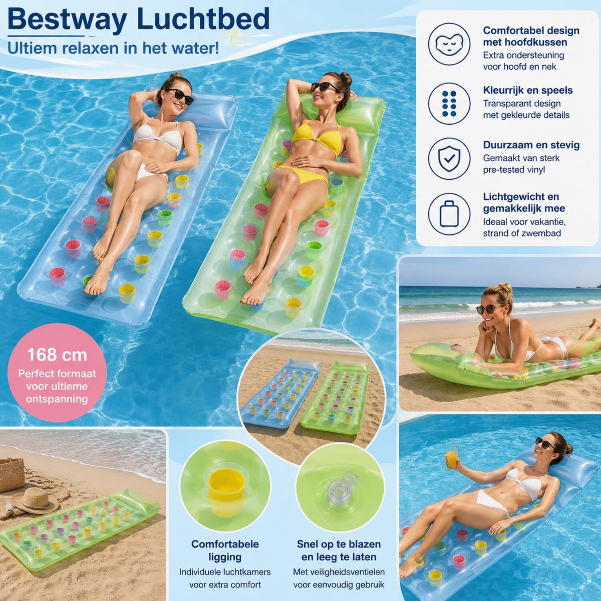 Bestway Luchtbed - blauw - met hoofdkussen - 168 cm - zwembad luchtmatras - strand opblaas speelgoed - luchtbedden - kinderen – foto 4