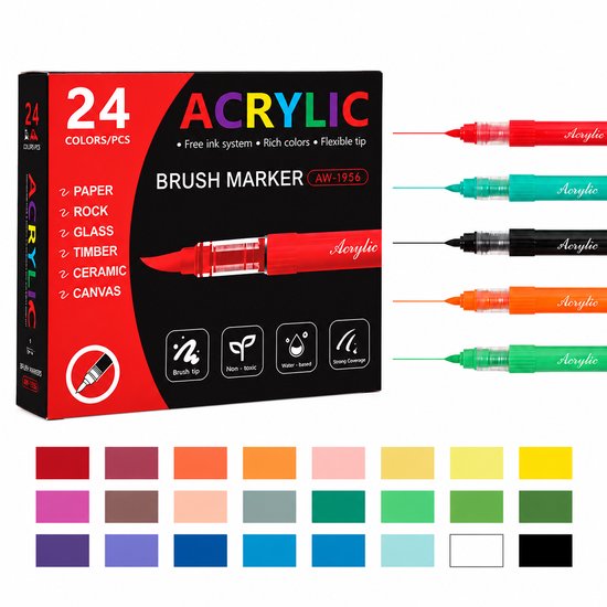 24 marqueurs acryliques de différentes couleurs, avec exemples d'applications sur diverses surfaces.