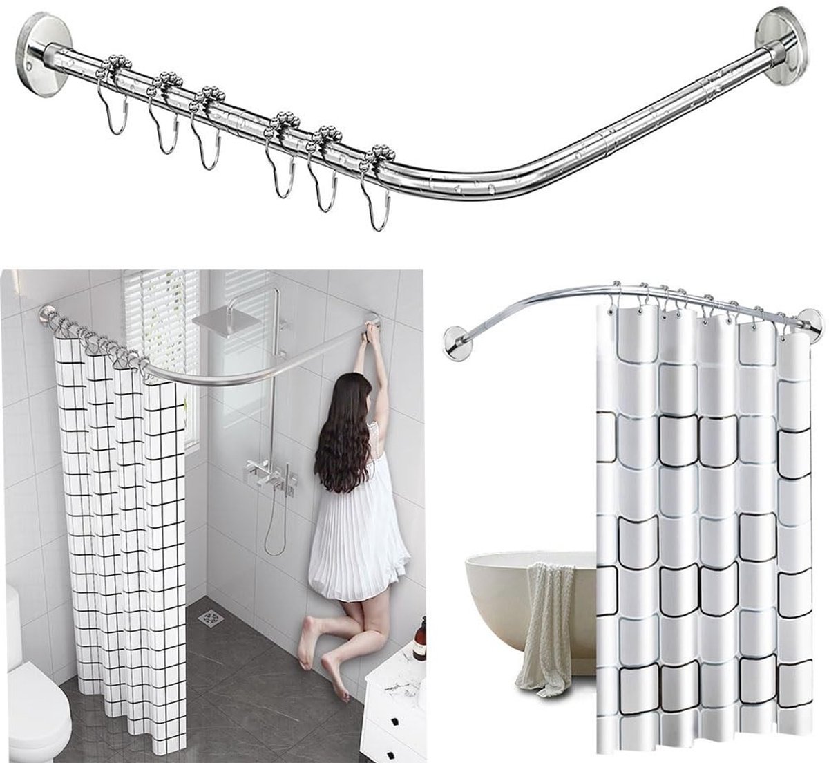 Omgoods - RVS L-Vormige Douchegordijnstang, Geen Boren Vereist, 90-130 cm