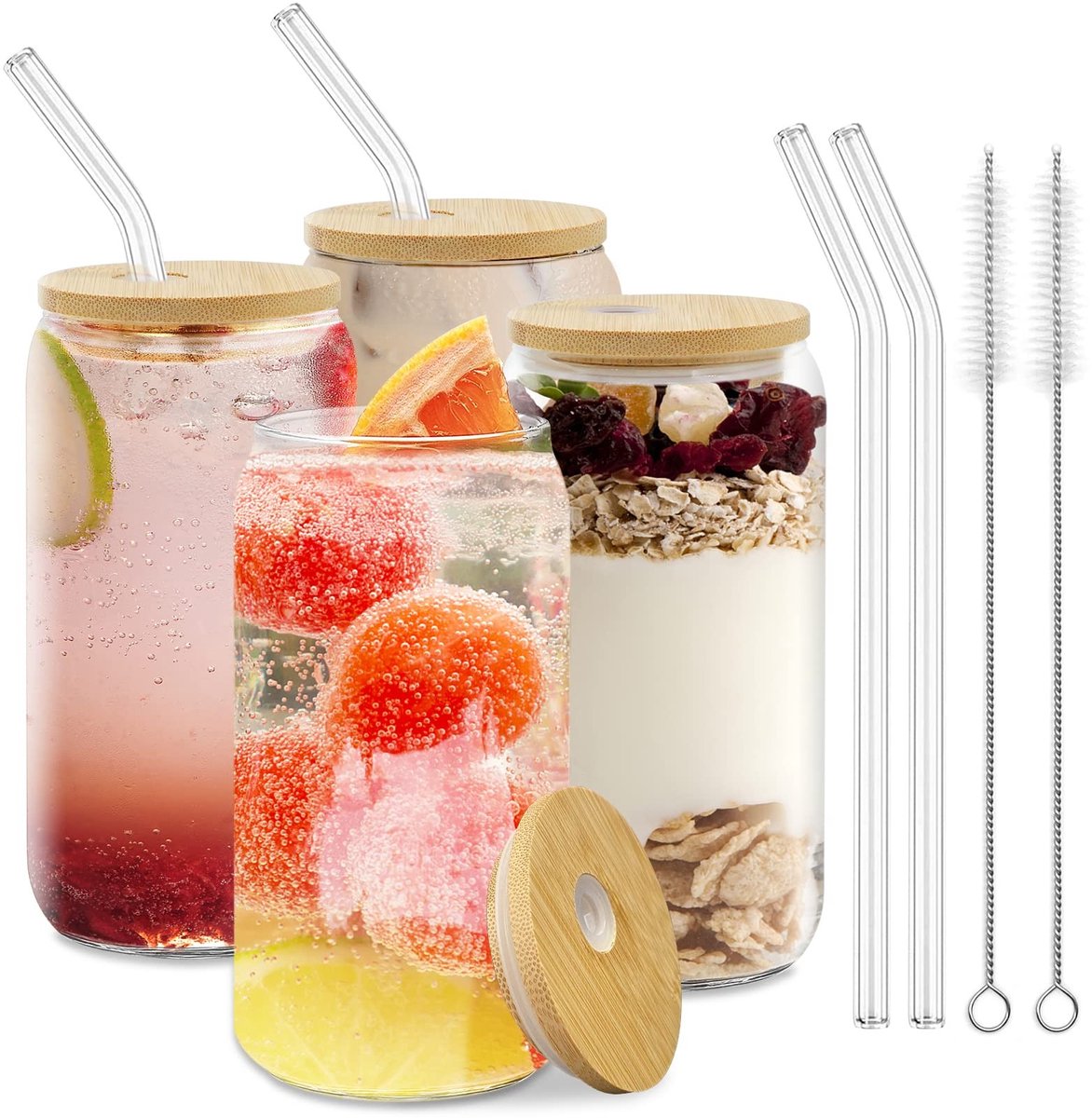 Omgoods - 500ml Cocktailglazen met Deksel en Rietje - Set van 4 voor Dranken