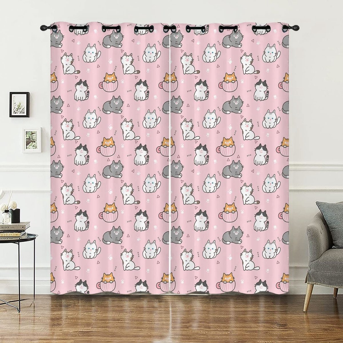 Omgoods Opaque Katten Gordijnen - Set van 2, 140 x 245 cm, Zacht Roze en Zwart