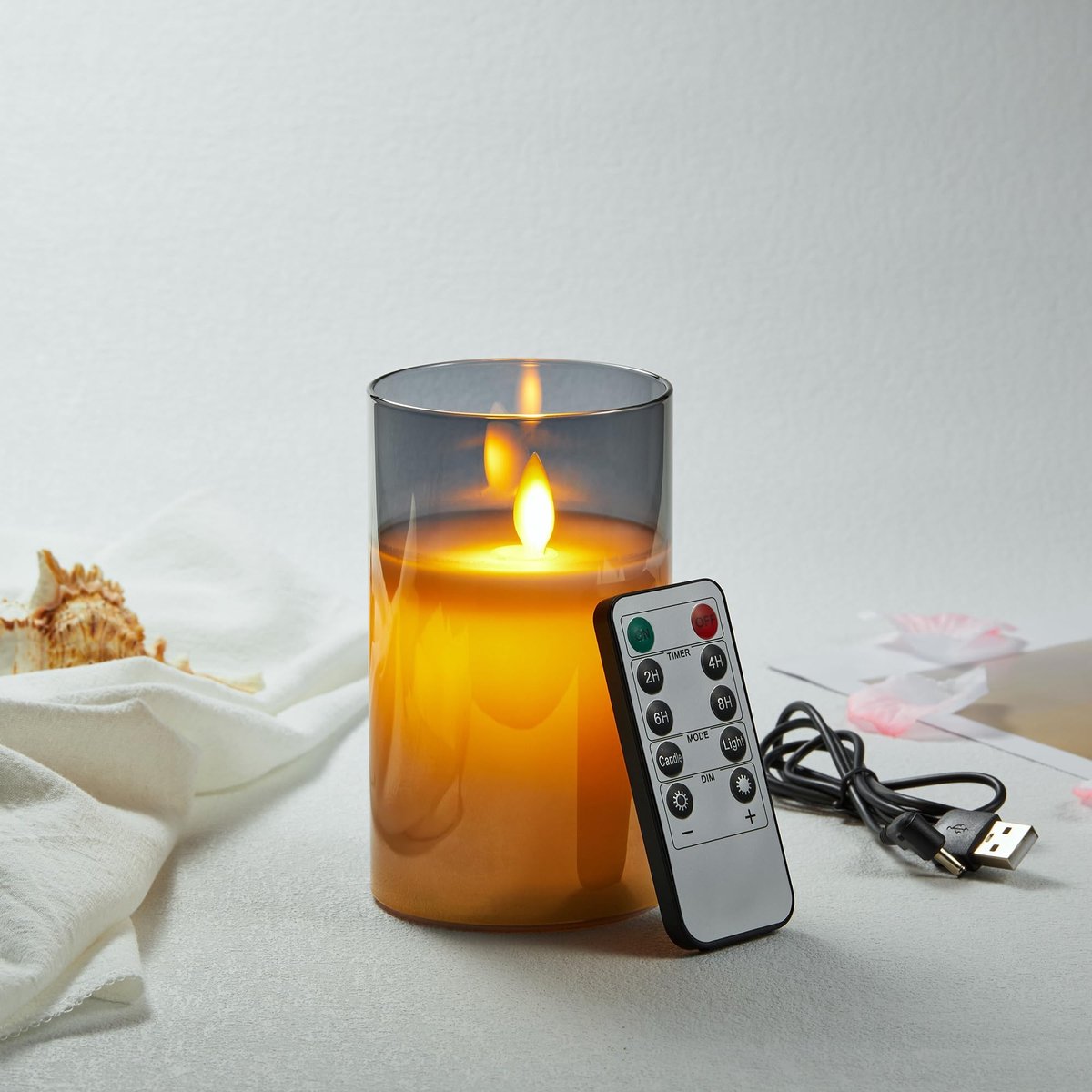 Omgoods - Oplaadbare LED Kaars in Grijs Glas - Vlamloos met Flikkerende Vlam & Afstandsbediening