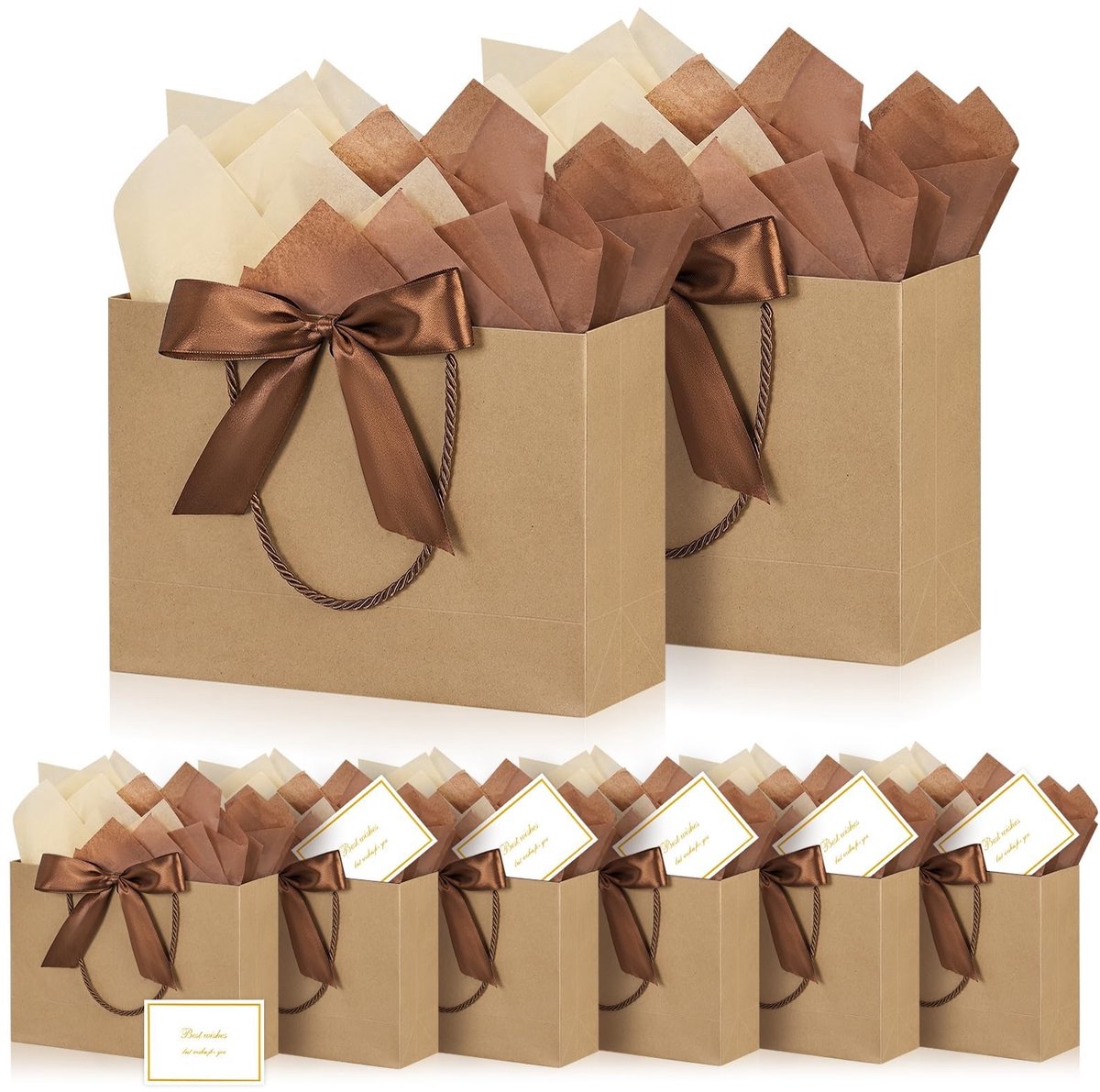 Omgoods - Cadeautassen - 8 Stuks Middelgrote Tassen met Strik en Papieren Accessoires