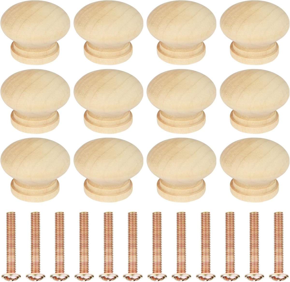 12 Stuks Ronde Houten Kastknoppen, 35 mm Ronde Meubeldeur- en Ladeknoppen, Keukenkastgrepen met Schroeven, voor Woningdecoratie, Kast, Garderobekast, Lade, Keukenkasten