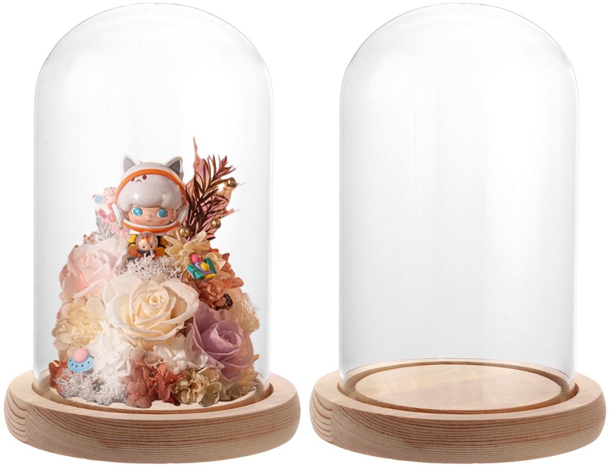 Omgoods- Glazen Stolp - Houten Bodem - 15 cm Hoog - Decoratie - Vitrine - Transparant - 2 x Glazen Koepel - Glazen Bel