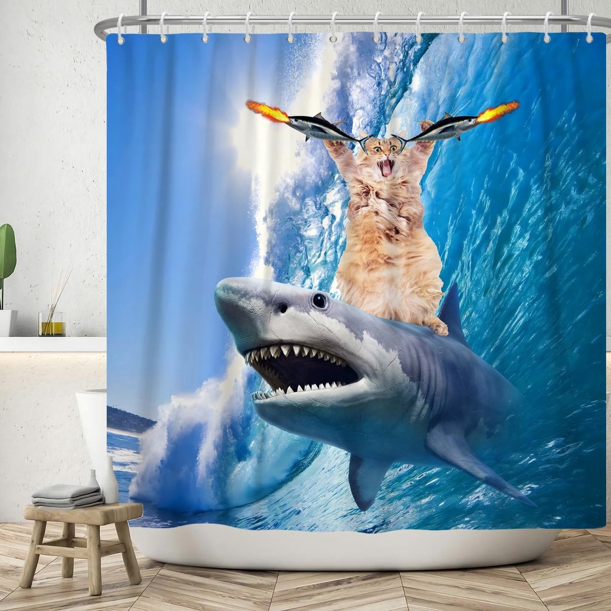 Omgoods - Grappige Kat Shark Douchegordijn 180x180cm - Ideaal voor Kinderen