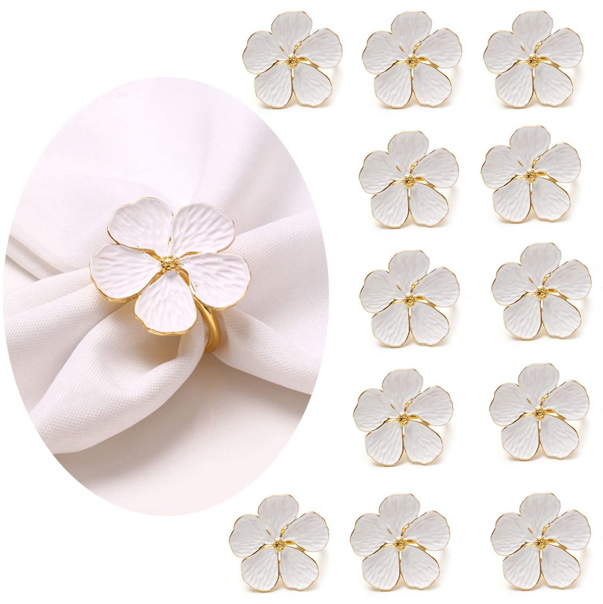 Omgoods - Gouden Servet Ringen - 12 Stuks met Witte Bloemen voor Tafeldecoratie