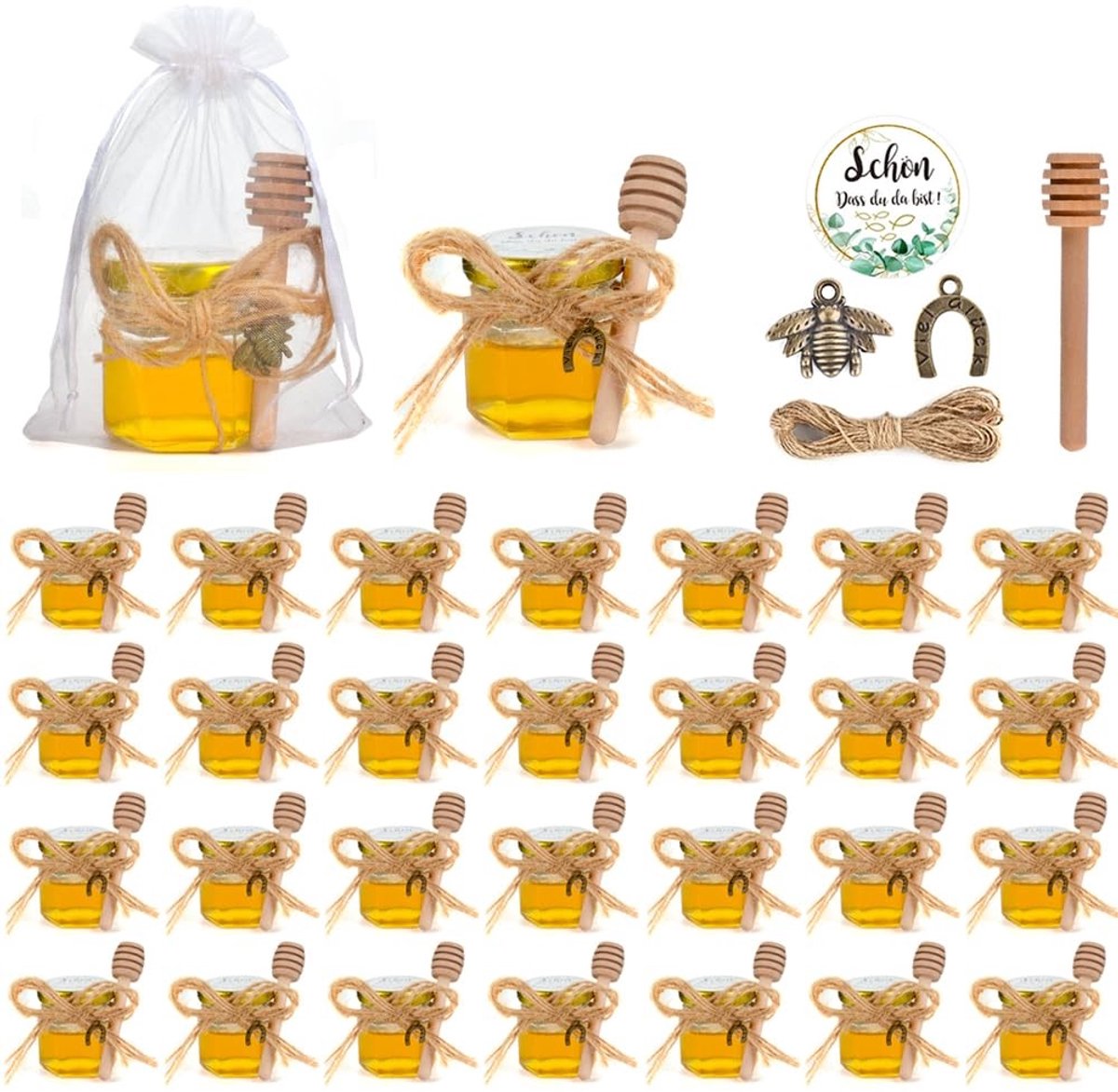 Omgoods- Honingglazen 30 stuks - 45 ml - Bijenhanger/Accessoires - Cadeauzakjes - DIY Geschenken - Verzegeld voor Versheid - Mini Potjes