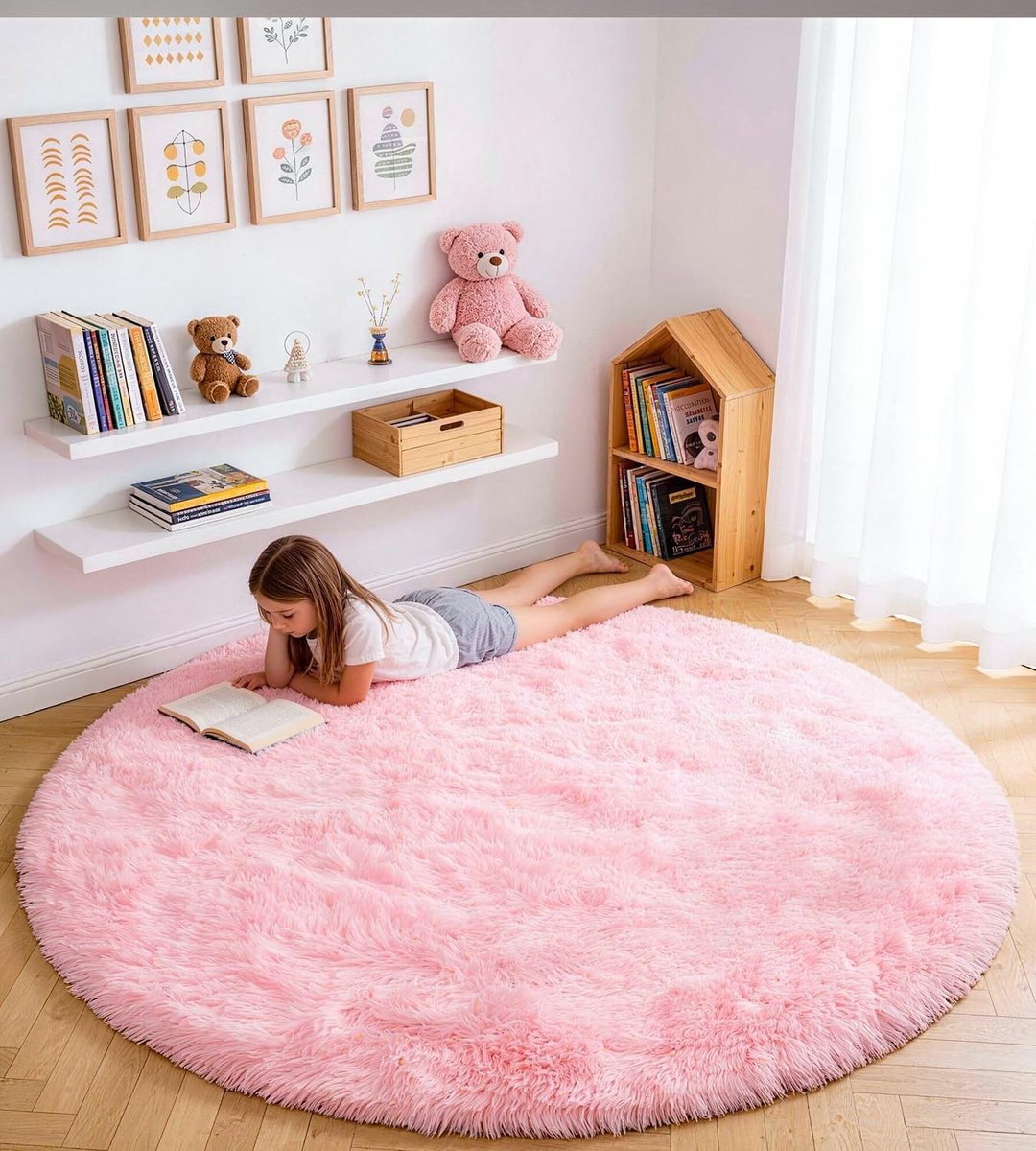 Omgoods - Rond Tapijt 150 cm - Roze Hoogpolig en Wasbaar