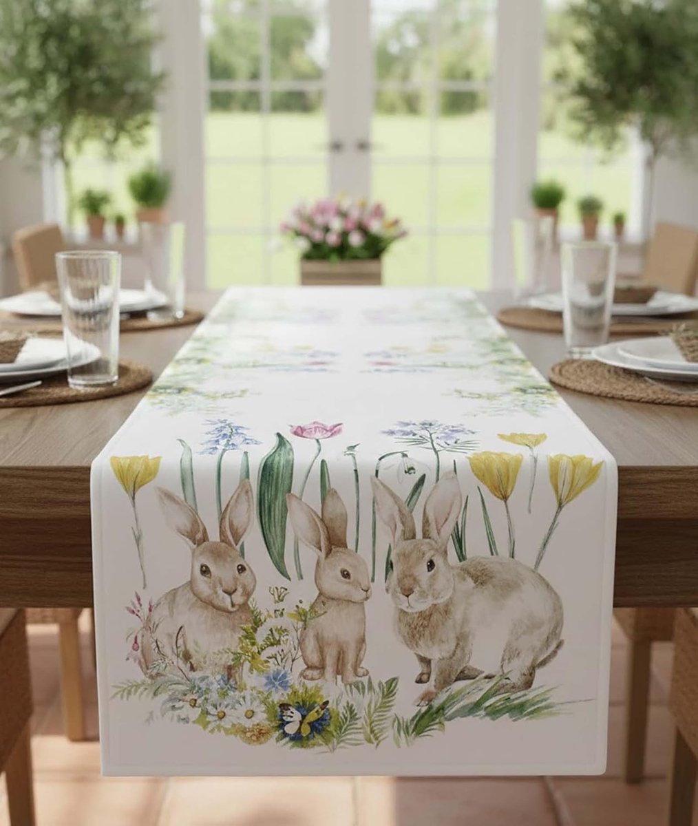 Tafelloper Lente, Pasen, bloemen, hazen, decoratie, paashaas, paaseieren, kleurrijk, wasbaar, keuken, eettafel, tafel, decoratie (40 x 140 hazen - familie)