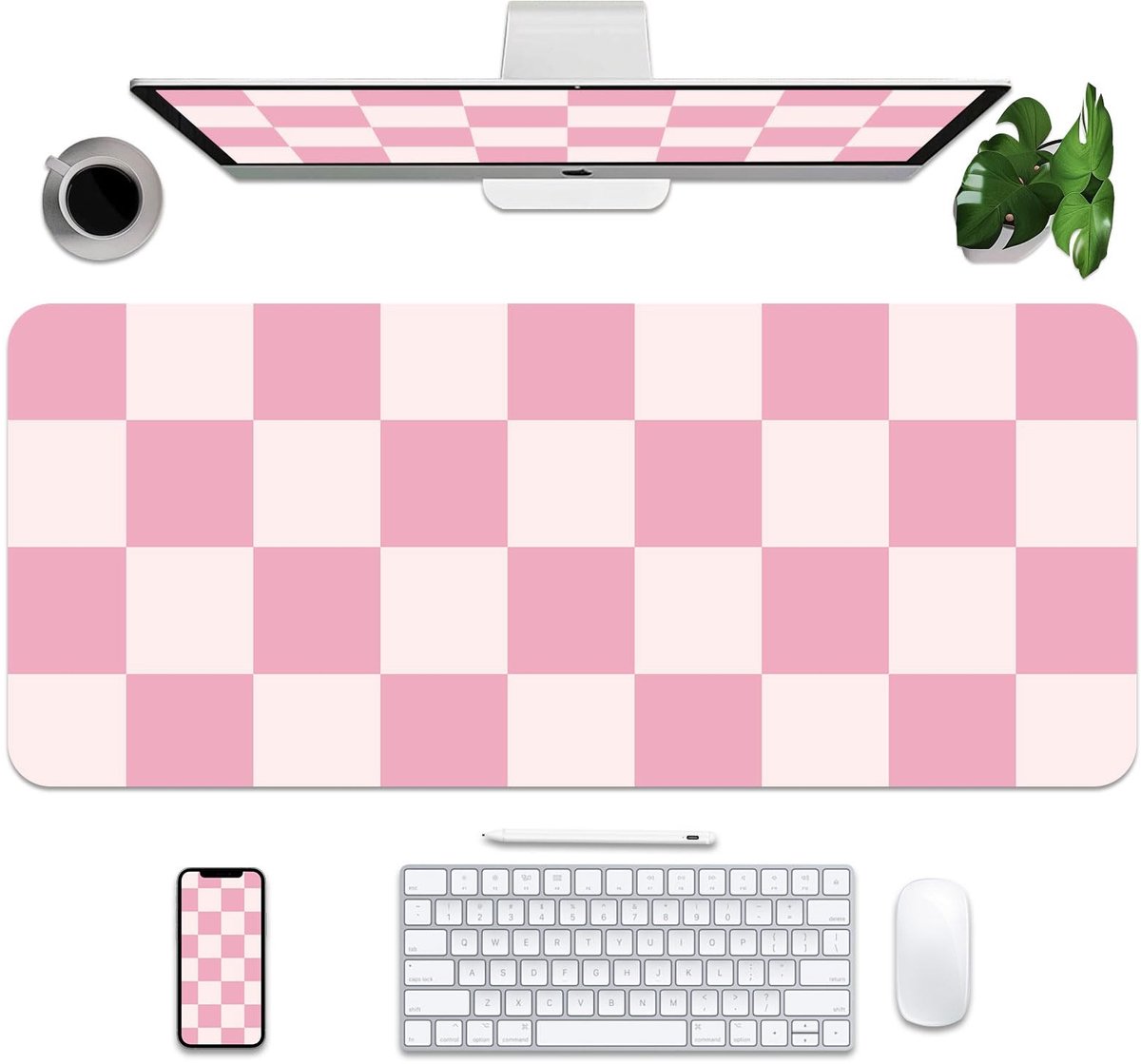 Omgoods- Muismat Grote Bureau Onderlegger - Leren Onderlegger - Antislip Bureauaccessoire - Waterdicht - Roze Plaid - 90x40 cm - Bureauonderlegger