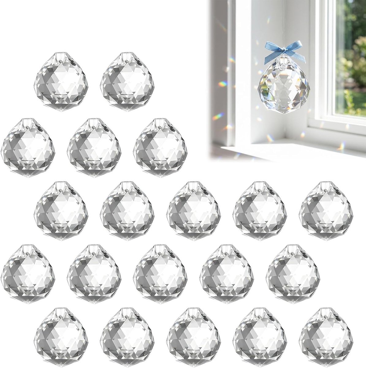 Zonnevangers van kristal, 20 mm, kristallen zonnevangers van kristal, decoratie, raam buiten, prisma's voor thuis, kantoor, raam, tuin, hangende decoratie