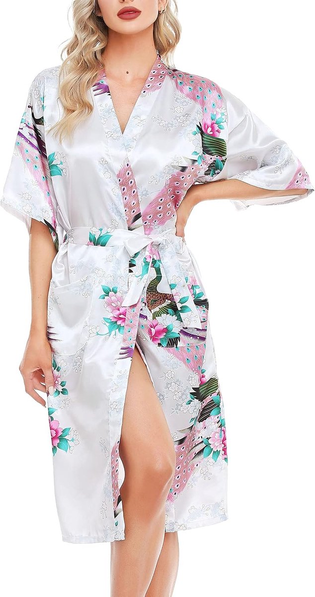 Kimono-kamerjassen, satijnen kimonogewaad, pauwen en bloesems, zijden ochtendjas voor vrouwen, lange zijden badjassen voor bruid en bruidsmeisjes