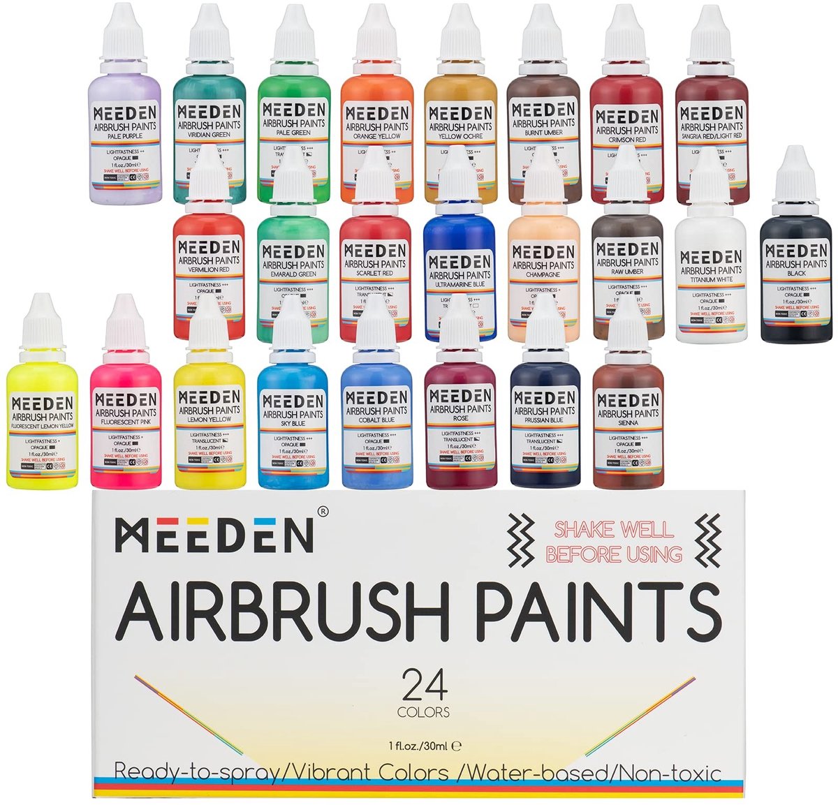 Omgoods - Acryl Airbrush Verf Set - 24 Kleuren Waterbasis 30ml