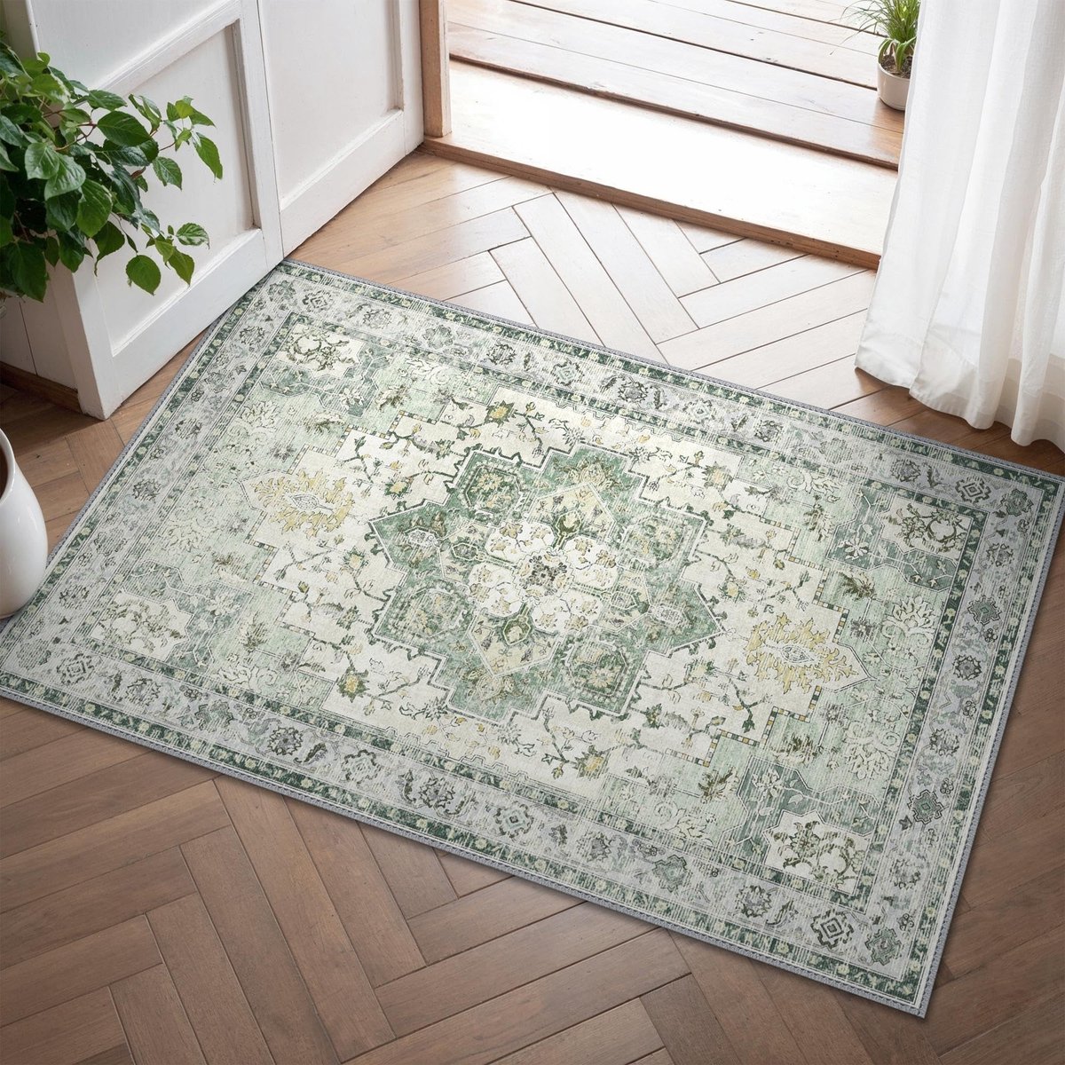 Omgoods - Vloerkleed voor Woonkamer - Machine Wasbare Vintage Tapijten (60 x 90 cm, Groen)