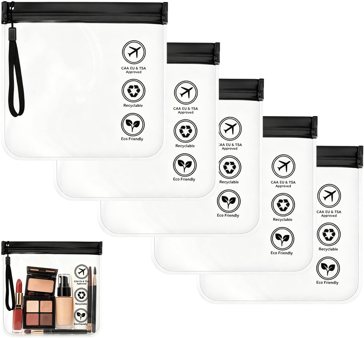 Transparante Toilettas Set - 5 Stuks - 1 Liter - Lekvrij EVA - Vloeistoffenzak voor Handbagage - Met Sleutelkoord - 20 x 20 cm - Cosmetica Organizer voor Reizen en Vliegreizen