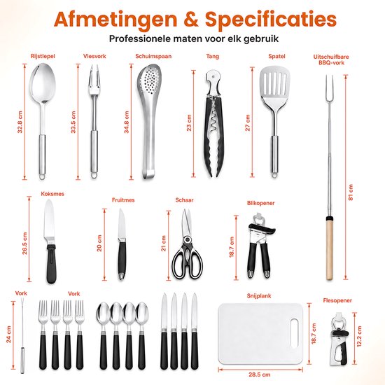 RVS Camping Kookset - Outdoor Bestek Set Met Opbergtas - Kampeer Keukengerei - Mes Vork Lepel Spatel Tang Set - BBQ En Picknick Accessoires - Draagbare Reis Keuken Set - Zwart van rvs — afbeelding 3