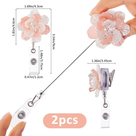 2 Stuks Intrekbare Reel Badge Houder met Roze Bloem Design voor Verpleegkundigen en Leraren - ID Kaarthouders met Clip voor Kantoor en Evenementen — afbeelding 5