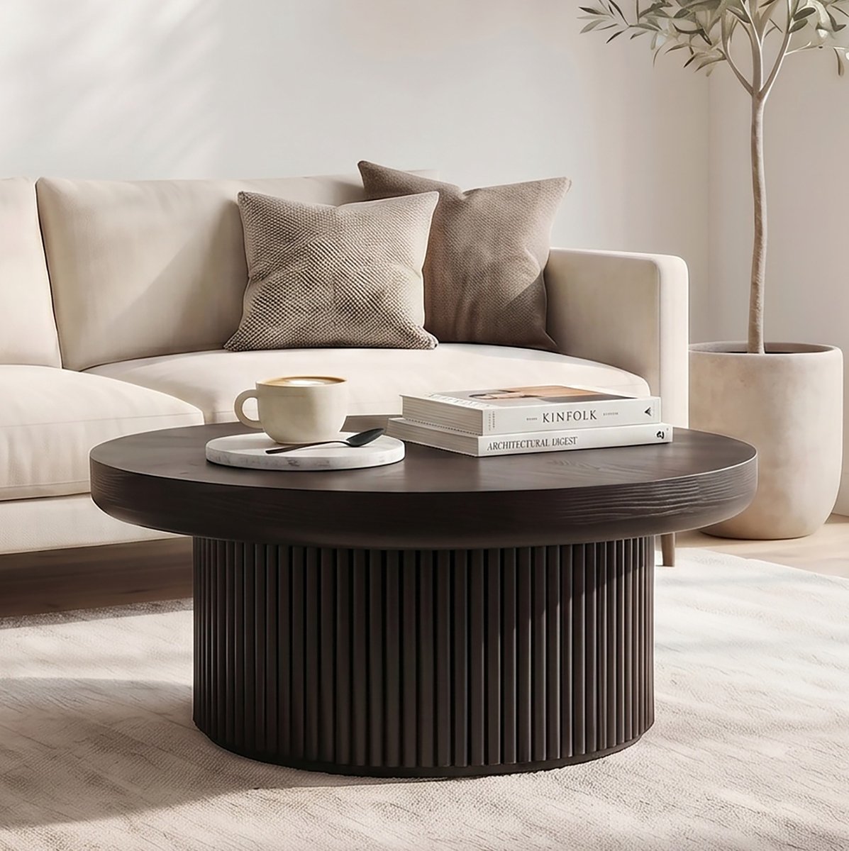 HAUSS SPOLE Salontafel - Ronde Tafel Met Verdikt Blad En Geribbelde Cilindervoet - Voor Woonkamer En Kleine Ruimte - Hout En MDF - 78x78x38,5 Cm - Zwart Black