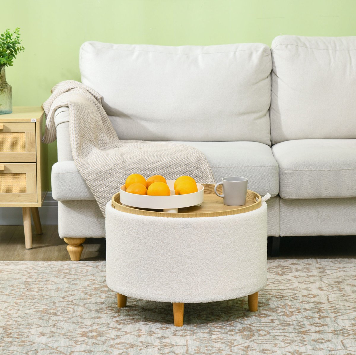 HAUSS SPOLE Poef Met Opbergruimte - Ronde Zitpoef Met Klapdeksel - Voor Woonkamer En Hal - Polyester En Hout - 56x56x42 Cm - Wit