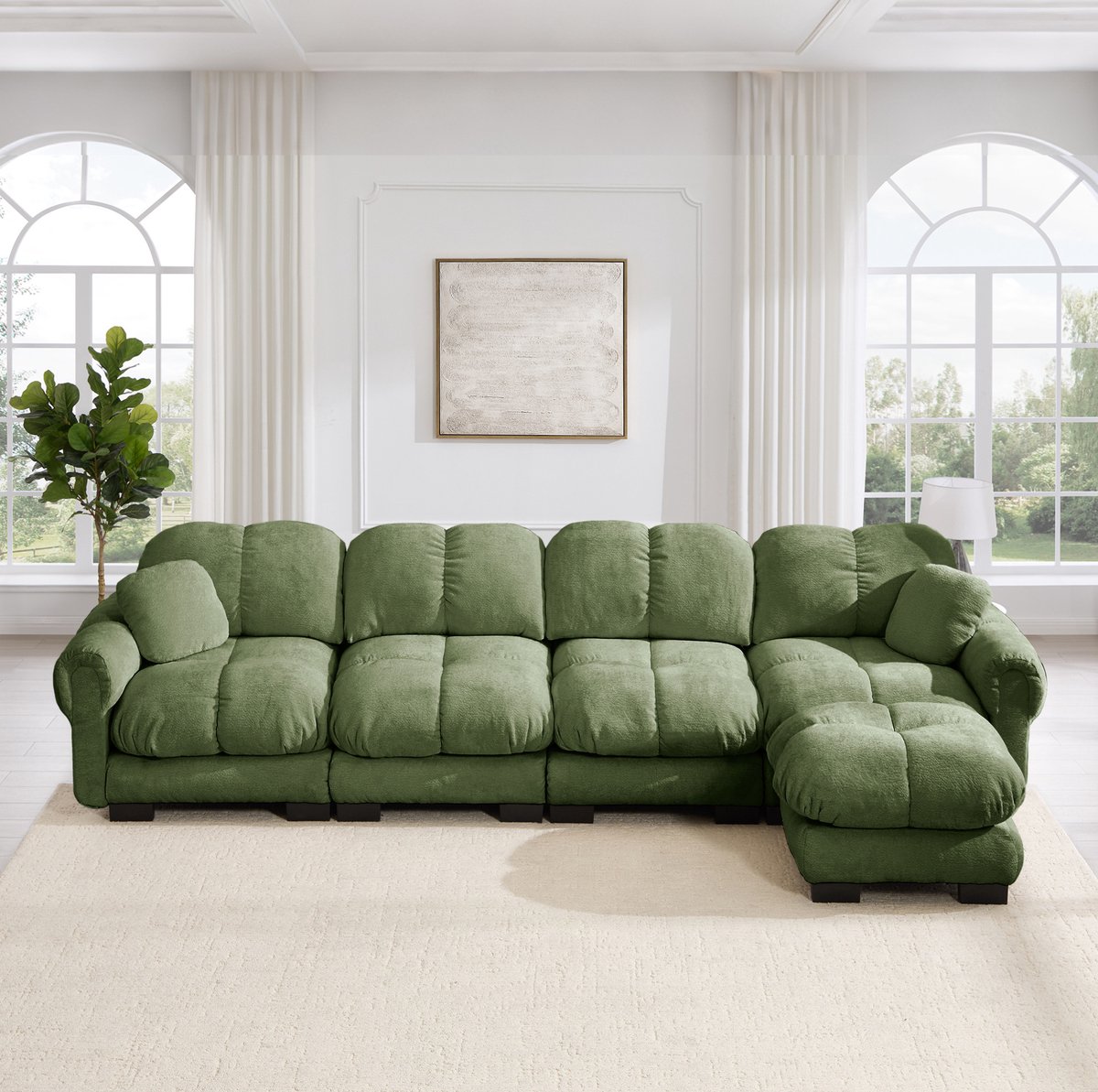 FloraGrace Hoekbank 4-Zits - Modulaire L-Vorm Met Verplaatsbare Ottomane & Ergonomische Rugleuning - Woonkamer - Chenille - Groen