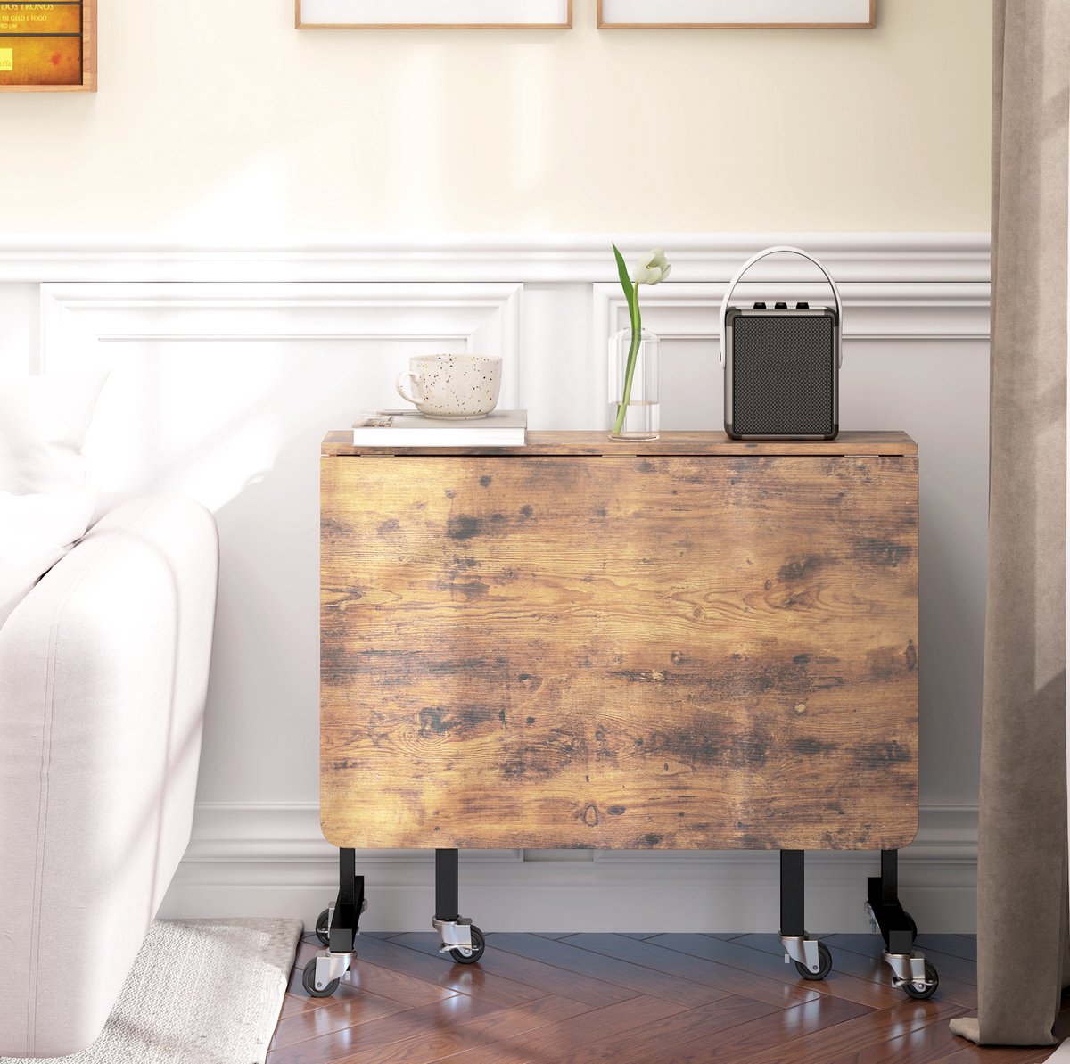 MEUNIQ klapbare eettafel 120 x 80 x 73 cm voor 6 personen met 6 wielen en remmen, inklapbare tafel voor eetkamer of kleine woonruimte, bruin Rustic Brown