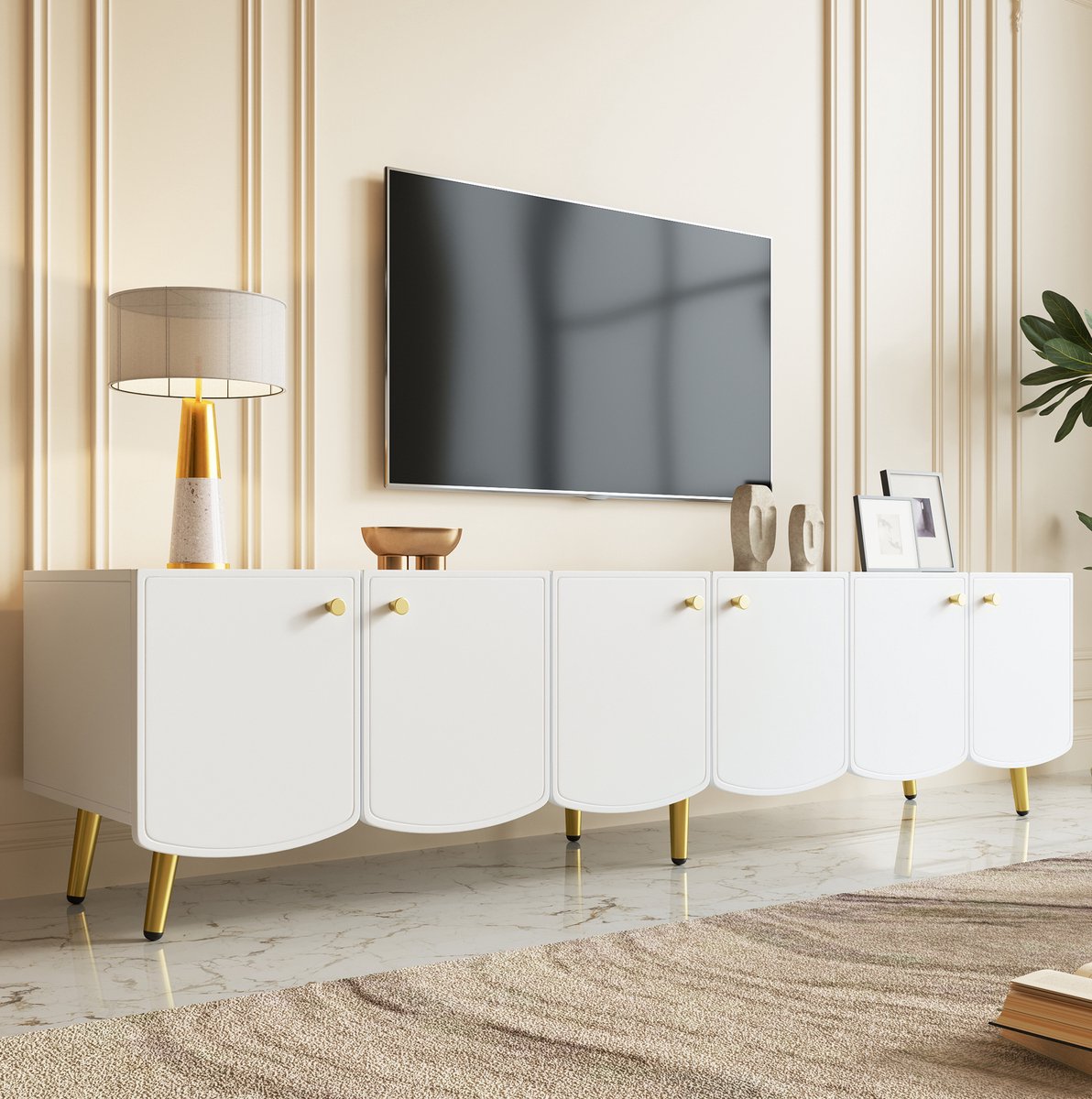 FloraGrace Dressoir - TV-Meubel Met 6 Deuren En Ruime Opbergruimte - Voor Woonkamer En Slaapkamer - Spaanplaat - 180x40x45 Cm - Wit Goud