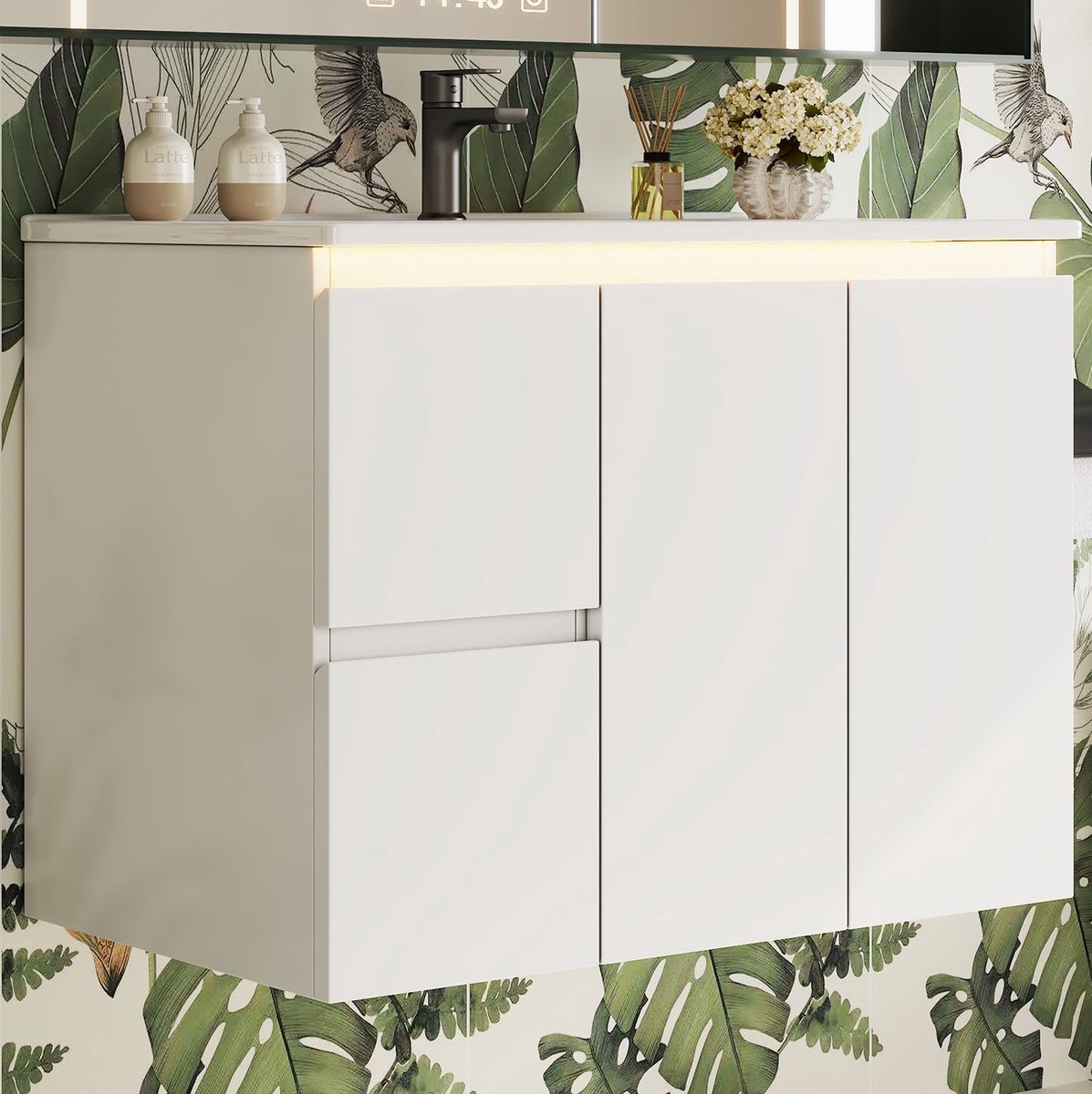 FloraGrace Badkamermeubel - Wandhangende Wastafel Met LED Radarsensor En Soft-Close - MDF En Keramiek - 76 x 47 x 57 Cm - Wit